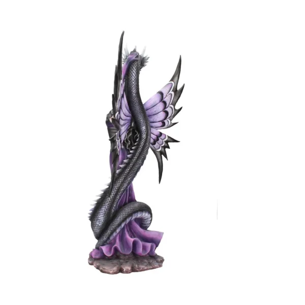 Dark Dragon And Winged Woman Fantasy Sculpture - Black Purple A dark dragon entwined around a winged fantasy woman sculpture in black, silver, and purple tones.