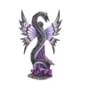 Mythic Dragon Guardian Sculpture - Lavender Silver Wings A lavender-robed woman with dragon wings entwined by a silver serpentine dragon statue.