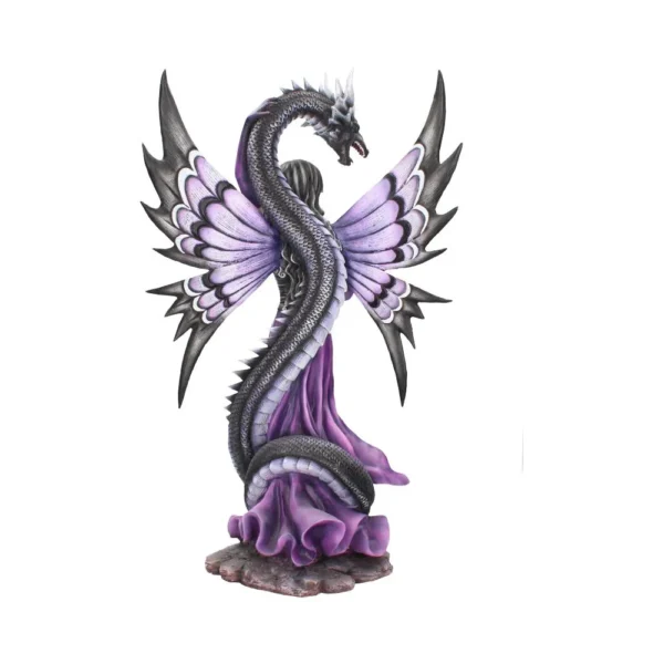 Mythic Dragon Guardian Sculpture - Lavender Silver Wings A lavender-robed woman with dragon wings entwined by a silver serpentine dragon statue.