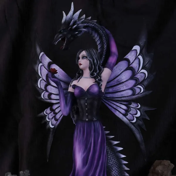Gothic Fantasy Woman Canvas Art - Purple Dragon Wings Elegance A gothic fantasy woman with dragon wings and a red rose beside a protective dark dragon.