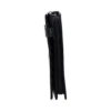 Slim Black Leather Wallet With Zipper And Snap Strap Closure A slim black leather wallet with zipper and snap strap closure shown from the side.