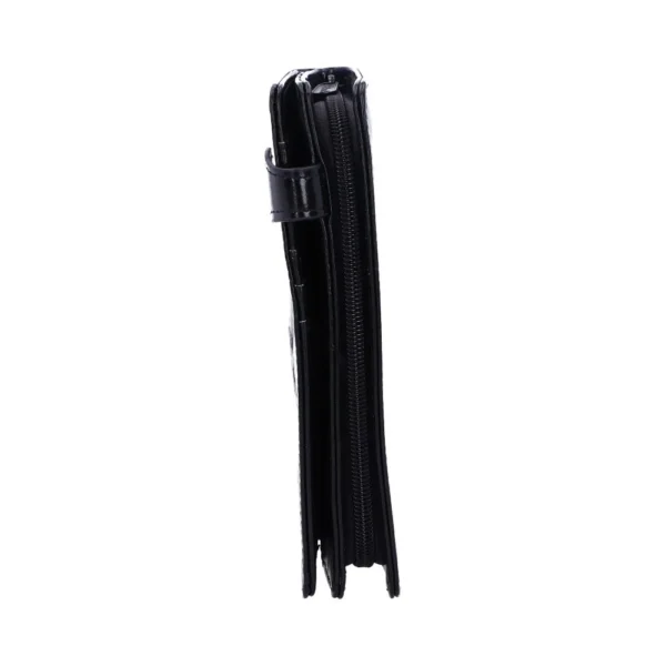 Slim Black Leather Wallet With Zipper And Snap Strap Closure A slim black leather wallet with zipper and snap strap closure shown from the side.
