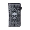 Gothic Leather Wallet Black With Ornate Silver Skull Design Black leather gothic wallet with ornate silver skull and baroque floral design on the front.