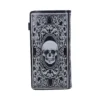 Gothic Skull Hardcover Notebook Black Leather - Baroque Design A black gothic notebook with a silver skull and ornate baroque floral design on the cover.