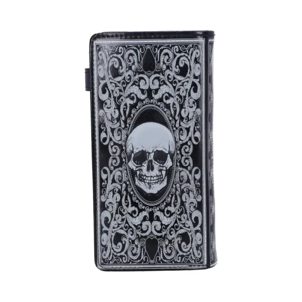 Gothic Skull Hardcover Notebook Black Leather - Baroque Design A black gothic notebook with a silver skull and ornate baroque floral design on the cover.