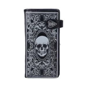 Gothic Leather Wallet Black With Ornate Silver Skull Design Black leather gothic wallet with ornate silver skull and baroque floral design on the front.
