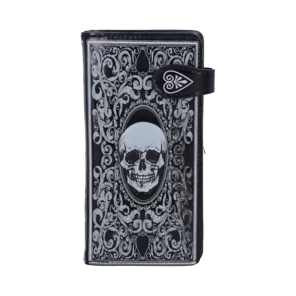 Gothic Leather Wallet Black With Ornate Silver Skull Design Black leather gothic wallet with ornate silver skull and baroque floral design on the front.