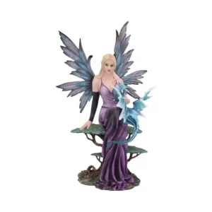 Purple Fairy Figurine Resin Sculpture - With Blue Dragon Companion A purple fairy figurine sitting with a small blue dragon on a nature-inspired base.