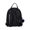Small Black Faux Leather Backpack With Silver Accents Charm A small black faux leather backpack with silver accents and a black-and-purple pom-pom charm.