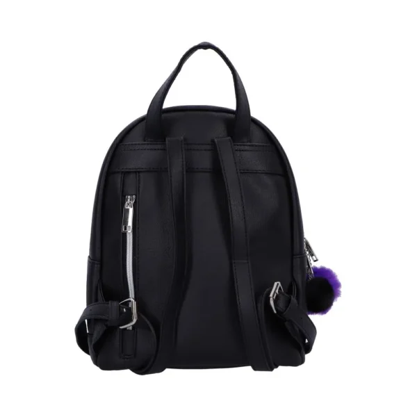Small Black Faux Leather Backpack With Silver Accents Charm A small black faux leather backpack with silver accents and a black-and-purple pom-pom charm.