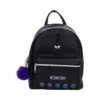 Wednesday Addams Black Leather Backpack - Purple Pom-Pom Charm A black leather backpack with a Wednesday Addams design and a purple pom-pom keychain.