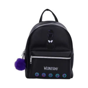 Wednesday Addams Black Leather Backpack - Purple Pom-Pom Charm A black leather backpack with a Wednesday Addams design and a purple pom-pom keychain.