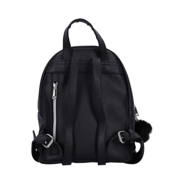 Black Faux Leather Backpack With Silver Zippers And Pom-Pom A sleek black faux leather backpack with silver zippers and pom-pom keychain The-Hidden-Hatch
