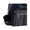 Black Faux Leather Backpack With Striped Pocket And Cat Motif Black faux leather backpack with silver zippers, striped pocket, and blue cat motif design. The-Hidden-Hatch