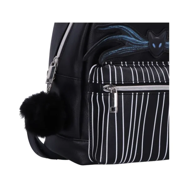 Black Faux Leather Backpack With Striped Pocket And Cat Motif Black faux leather backpack with silver zippers, striped pocket, and blue cat motif design. The-Hidden-Hatch