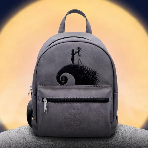 Nightmare Before Christmas Backpack Faux Leather Gray - Jack & Sally Gray faux leather *Nightmare Before Christmas* backpack with Jack and Sally design, moon background. The-Hidden-Hatch
