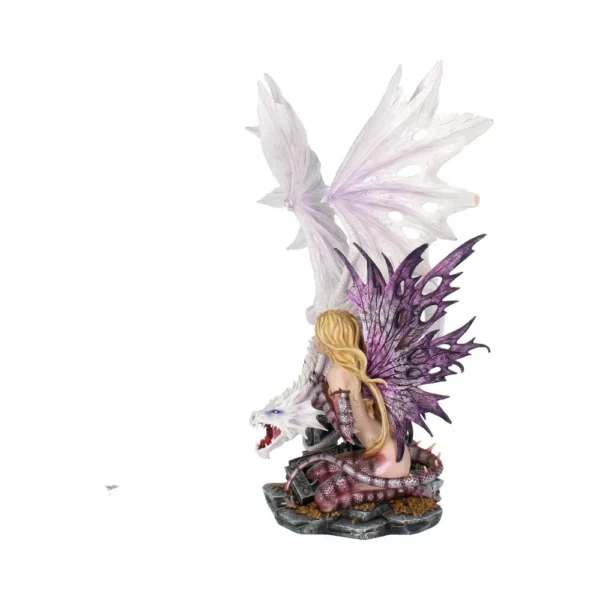 Fairy And Dragon Fantasy Figurine Resin Statue - Purple Wings Fairy and white dragon fantasy figurine on rocky base with detailed wings and armor.