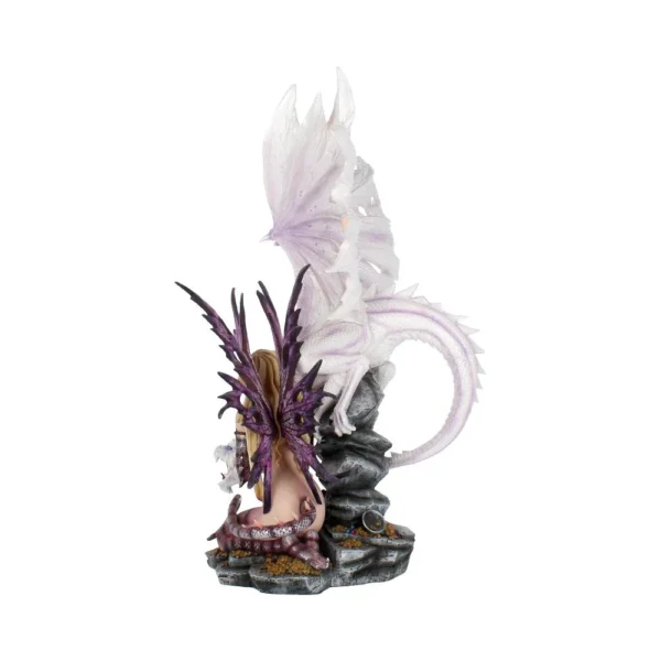 Fairy And Dragon Fantasy Sculpture - Amethyst Wings And Treasure A fantasy sculpture of a purple-winged fairy kneeling beside a white dragon on a jeweled base.