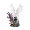 Fairy and White Dragon Fantasy Sculpture - Purple Wings Detail Fairy with purple wings sitting beside a white dragon sculpture on a rocky base.
