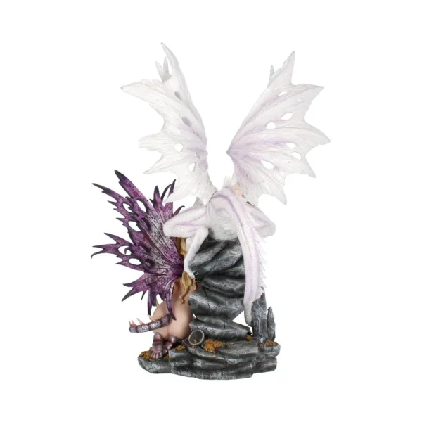 Fairy and White Dragon Fantasy Sculpture - Purple Wings Detail Fairy with purple wings sitting beside a white dragon sculpture on a rocky base.