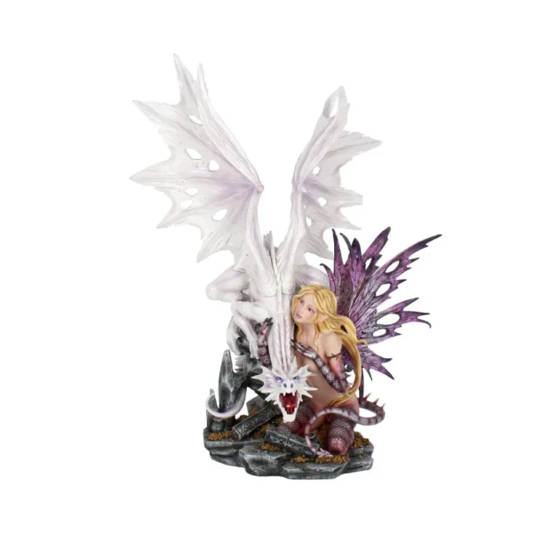 Fairy and Dragon Fantasy Figurine Resin Sculpture - Purple White A fairy with purple wings standing beside a white dragon on a rocky fantasy base.