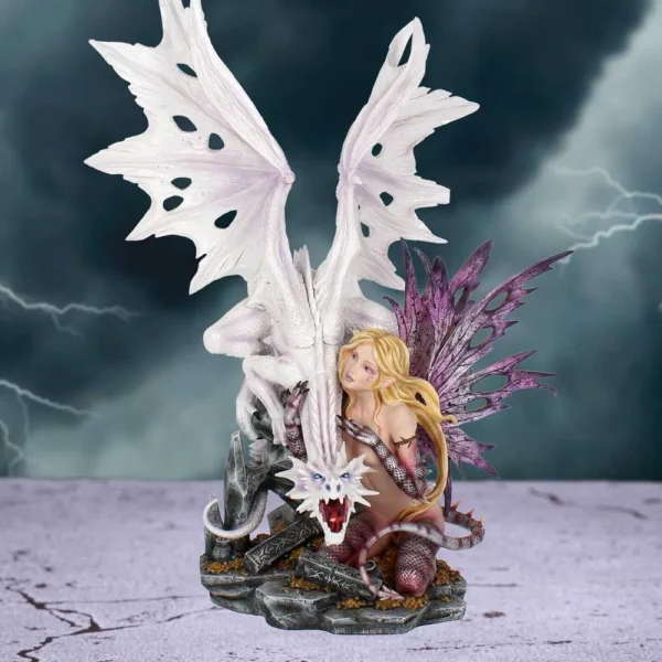 White Dragon And Fairy Fantasy Sculpture - Silver And Purple Bond A fantasy sculpture of a white dragon protecting a kneeling golden-haired fairy with purple wings.