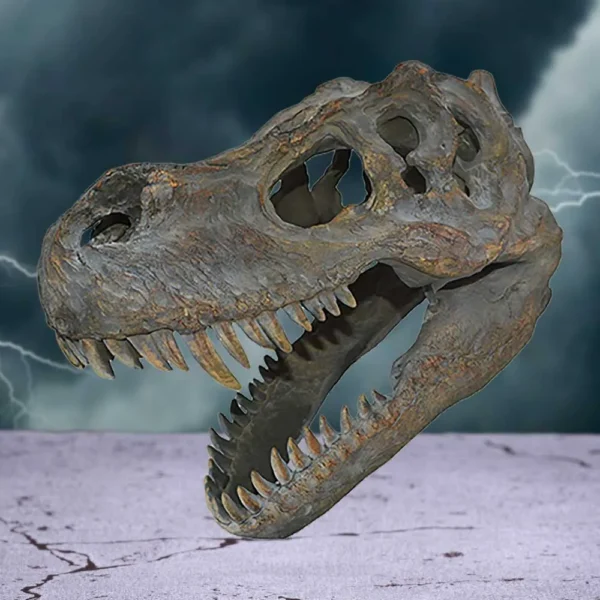 Tyrannosaurus Rex Skull Fossil Brown Gray - Lightning Background Realistic Tyrannosaurus rex skull with sharp teeth under a stormy sky with lightning.