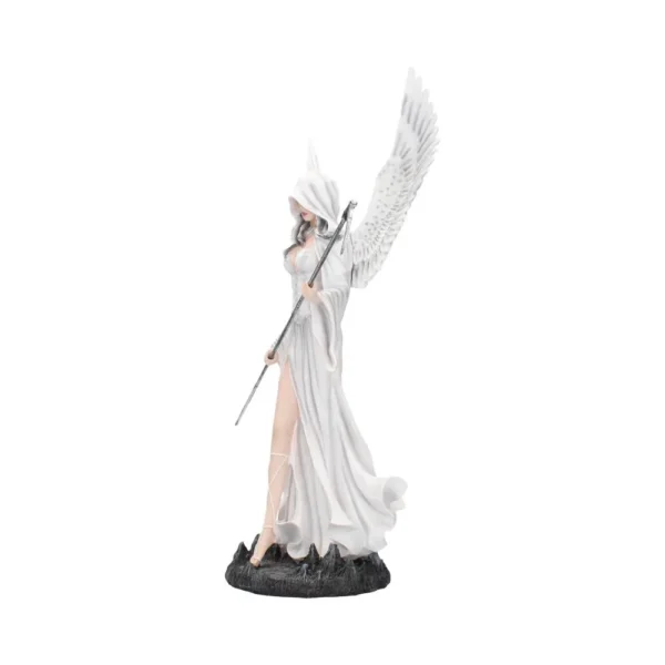 Angelic Female Figurine Resin Sculpture White Hooded Wings White-hooded angel figurine with detailed wings and staff standing on dark rocky base.
