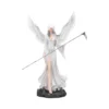 Angel Figurine Statue Resin White Gown With Scythe Wings Winged female angel figurine in white gown holding a scythe on a dark rocky base.