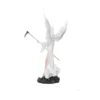 Angel of Death Figurine Resin Statue White Wings and Scythe White-winged angel figurine in flowing robe holding a scythe, standing on a dark rocky base.