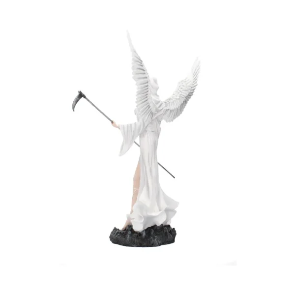 Angel of Death Figurine Resin Statue White Wings and Scythe White-winged angel figurine in flowing robe holding a scythe, standing on a dark rocky base.