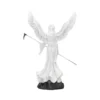 Angel Statue Marble White - Large Wings and Silver Scythe White angel statue with large wings and scythe standing on a dark stone base.