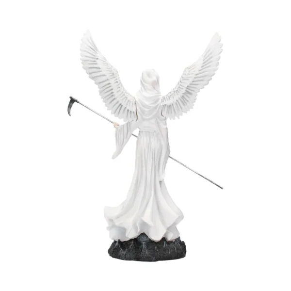 Angel Statue Marble White - Large Wings and Silver Scythe White angel statue with large wings and scythe standing on a dark stone base.