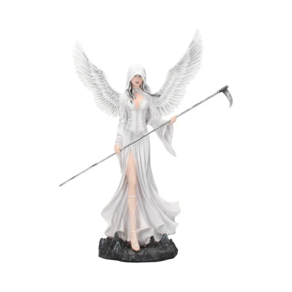 Angel Figurine Statue Resin White Gown With Scythe Wings Winged female angel figurine in white gown holding a scythe on a dark rocky base.