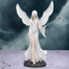Celestial Angel Woman Art Print White Wings Silver Scythe A celestial angelic woman with white wings holding a silver scythe staff under stormy skies.