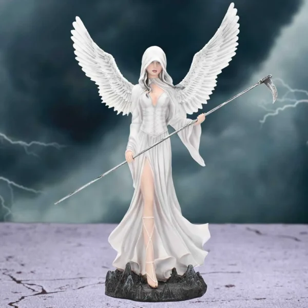Celestial Angel Woman Art Print White Wings Silver Scythe A celestial angelic woman with white wings holding a silver scythe staff under stormy skies.
