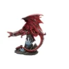 Red Dragon Figurine Resin Sculpture - Fiery Scales and Crystals A detailed red dragon figurine perched on rocky base with glowing blue crystals.