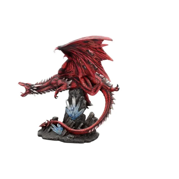 Red Dragon Figurine Resin Sculpture - Fiery Scales and Crystals A detailed red dragon figurine perched on rocky base with glowing blue crystals.