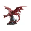 Red Dragon Sculpture Resin Statue - Blue Eyes and Crystal Base A detailed red dragon sculpture with wide wings, blue eyes, and rocky crystal base.