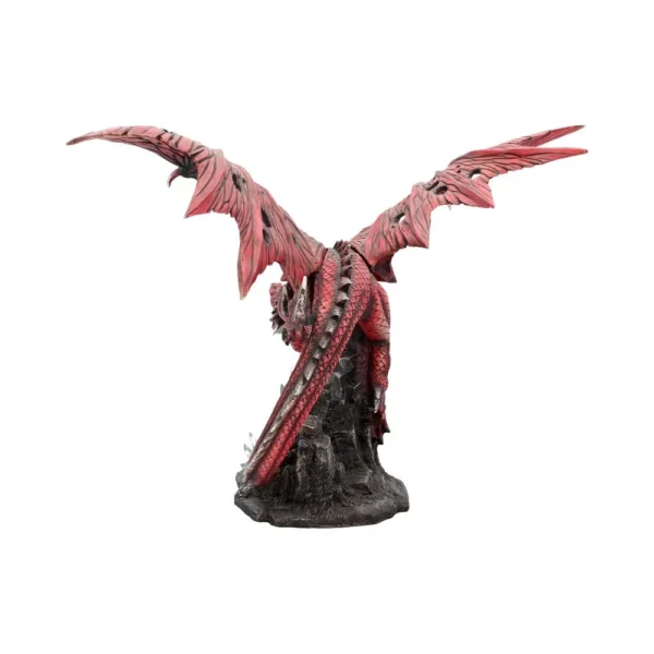 Red Dragon Figurine Resin Sculpture - Outstretched Wings Display A detailed red dragon figurine with outstretched wings perched on a rocky volcanic-style base.
