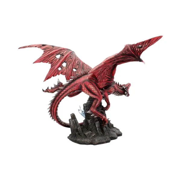 Red Dragon Figurine Resin Model - Tattered Wings on Volcanic Base A detailed red dragon figurine perched on rocky volcanic base with outstretched tattered wings.