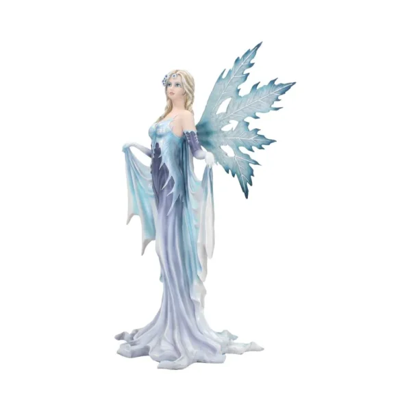 Winter Fairy Figurine Resin Sculpture Blue White Flowing Gown An elegant blue and white winter fairy figurine with translucent leaf-shaped wings and flowing gown.