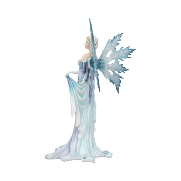 Winter Fairy Figurine Resin Sculpture - Icy Blue Wings Elegance A detailed winter fairy figurine with icy blue wings and a flowing silver-blue gown.