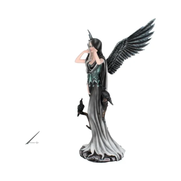Gothic Dark Angel Figurine Resin Statue - Black Wings Ravens Gothic dark angel figurine with black wings, silver hair, teal bodice, and two black ravens.