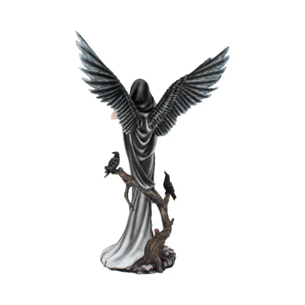 Dark Angel Sculpture Resin Statue Black Wings and Ravens A dark angel sculpture with black wings and ravens perched on a twisted branch.