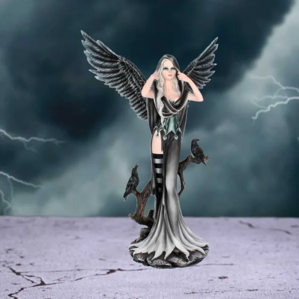 Gothic Fallen Angel Figurine Resin Statue - Black Wings & Ravens A gothic fallen angel figurine with black wings, silver hair, and ravens on a stone base.