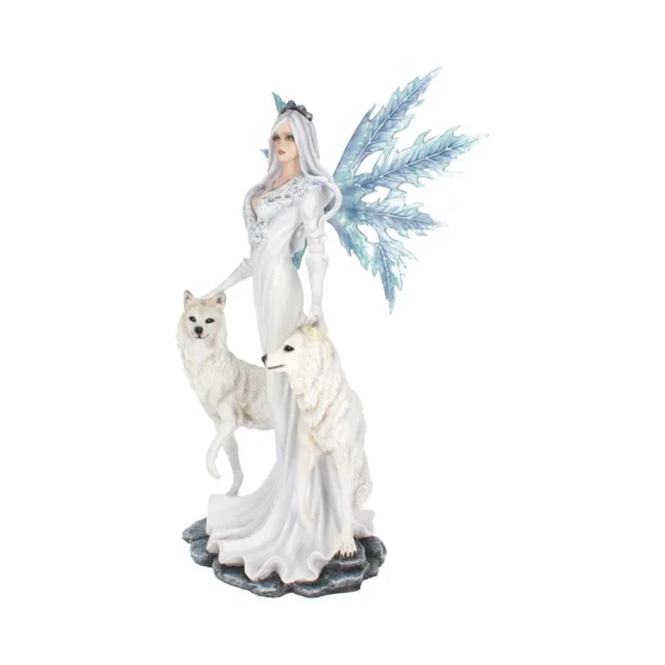 Winter Goddess Figurine Resin Statue White Wings And Wolves A white-winged winter goddess figurine with two white wolves on an icy base.