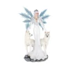 Ice Queen Figurine Resin Statue White With Crystal Wings And Wolves An ice queen figurine with crystal wings standing between two white wolves on a snowy base.
