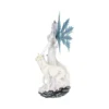 White Fairy Queen Figurine Resin Sculpture With Wolf Companion A white fairy queen figurine with silver hair and crystal wings beside a majestic white wolf.