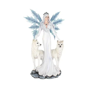 Ice Queen Figurine Resin Statue White With Crystal Wings And Wolves An ice queen figurine with crystal wings standing between two white wolves on a snowy base.
